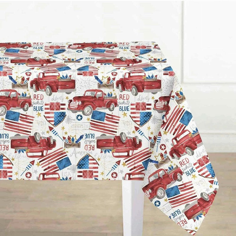 Patriotic Vinyl Tablecloth Americana Red Trucks